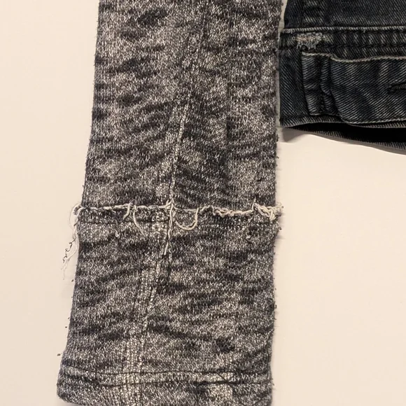 Free People Rumors Hooded Denim Jacket | M | Distressed Denim Knit Sleeves Goth - Picture 11 of 15